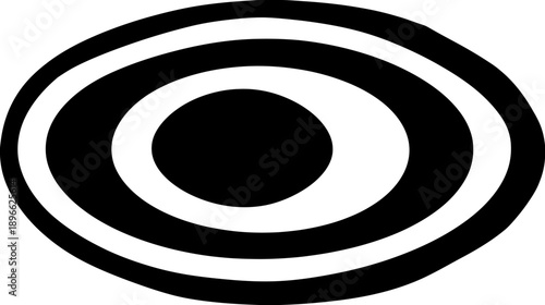 Concentric oval shapes with alternating black and white bands, central black dot. Abstract design
