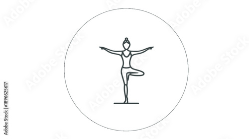 A line drawing of a person in a tree pose inside a circle, set against a white background