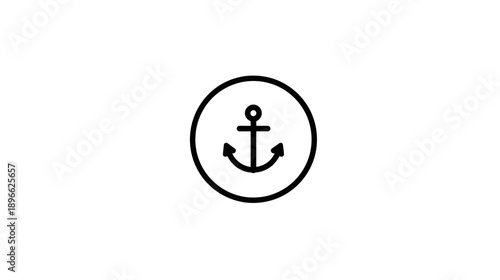 A minimalistic black and white nautical design featuring an anchor enclosed within a circular frame on white