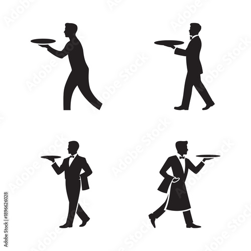 Set of four black silhouette icons showing walking waiters with serving trays
