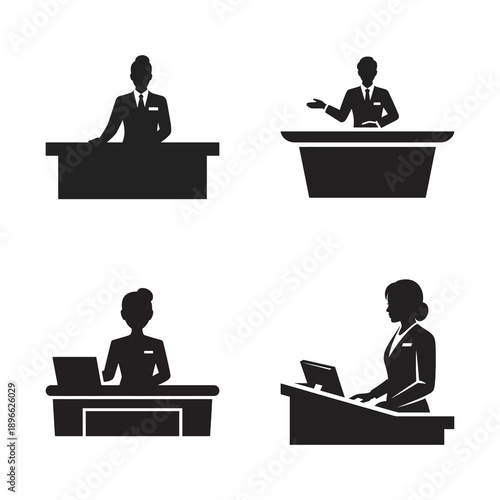Silhouette icons of professional staff working behind reception, information, and service counters