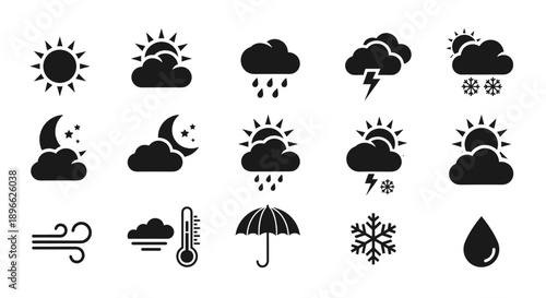 Vector weather icons set depicting various conditions and elements in a simple black and white style