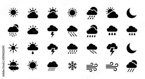A collection of vector weather icons representing various conditions and elements on a clean and simple background from a straightforward viewpoint.