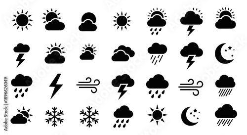 Vector illustration of various weather conditions depicted through icons showcasing sun, cloud, rain, and storm in a grid layout