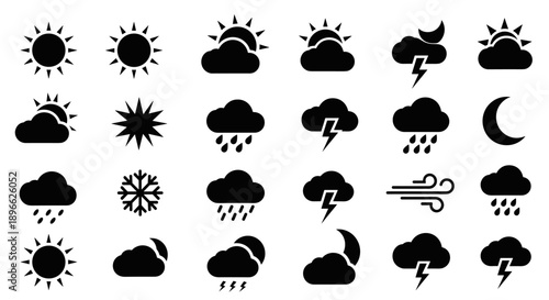 Vector weather icons collection featuring sun, cloud, rain, storm, and wind symbols in various conditions