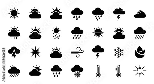 Vector weather icons collection depicting various climate conditions and forecast symbols in a simple black and white design style
