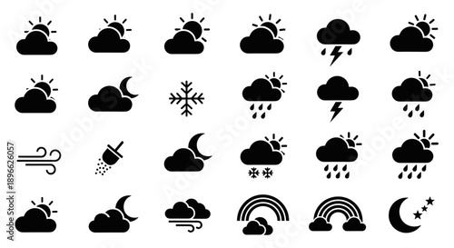Vector weather icons collection featuring cloud, sun, moon, rain, and lightning symbols in a simple black style
