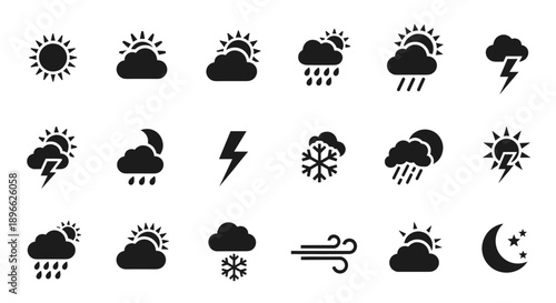 A collection of vector weather icons depicting various conditions like sun, clouds, rain, and storms in a simple style.