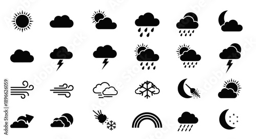 Vector illustration set of weather icons depicting various weather conditions and natural phenomena in a flat design style