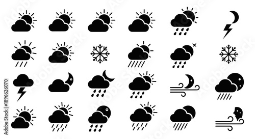 Vector weather icons collection depicting various conditions like rain, sun, clouds, and storms in a simple black and white style