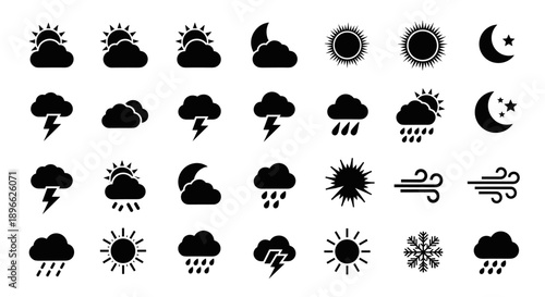 Vector weather icons collection depicting various stormy and sunny conditions from different viewpoints in a graphic illustration