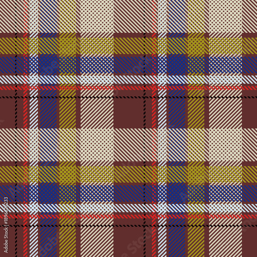 Classic Glen plaid pattern featuring a black base with intersecting white, olive green, and brown twill lines, creating a sophisticated and timeless textile design.