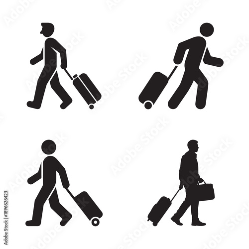 Various illustrations of travelers pulling rolling luggage and suitcases, symbolizing journey and transportation.