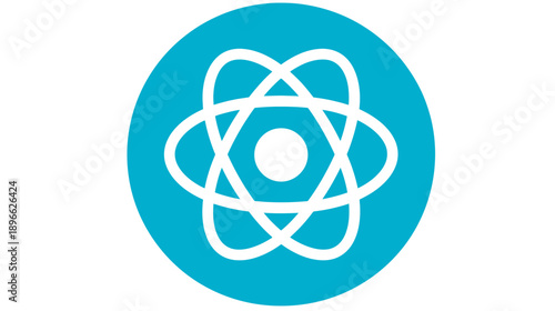 A white orbital shape composed of interconnected curved lines, within a bright blue circle