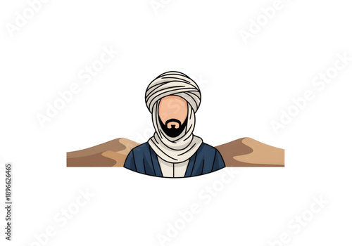 Arab man in traditional turban and desert dunes png on transparent background