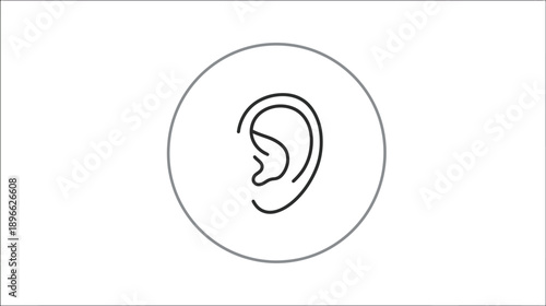A black outline of a human ear within a gray-lined circle, set against a white background