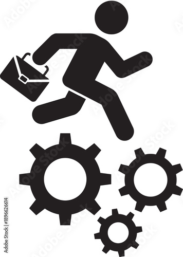 Business Man Running with Briefcase Over Gears