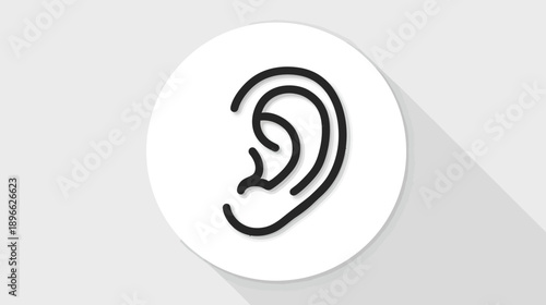 A stylized black outline of an ear inside a white circle with a shadow, set against a grey backdrop