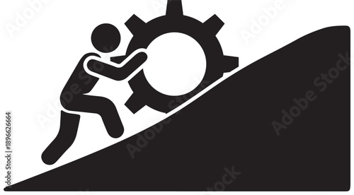 Person pushing gear uphill symbolizing hard work and effort