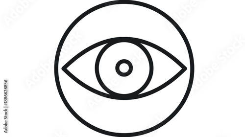 A minimalist icon of an eye encapsulated within a circle. Black on white background