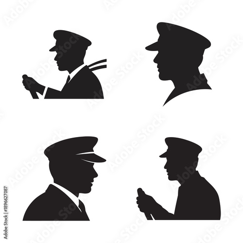 Collection of vector silhouettes depicting a driver in uniform with a peaked hat