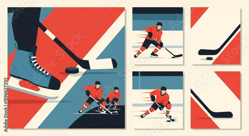 International Hockey Day ice hockey players on the rink, showcasing skating, shooting, and game elements in a modern graphic style