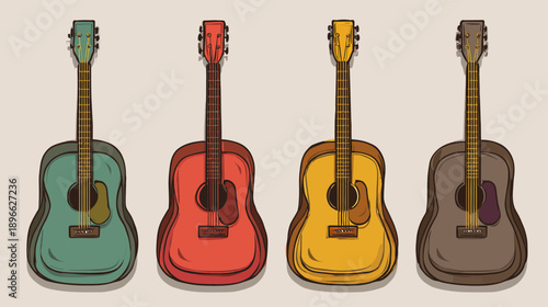 A collection of four colorful acoustic instruments with varying color schemes