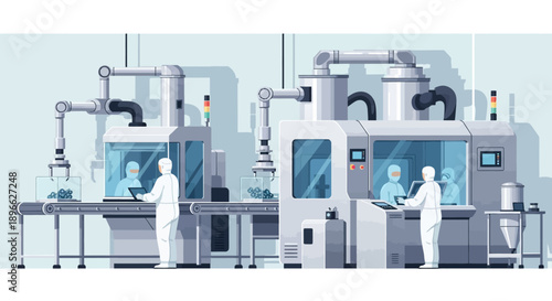 Advanced technological facility showcasing automated manufacturing processes with workers in sterile suits ensuring precision and quality control in a cleanroom environment