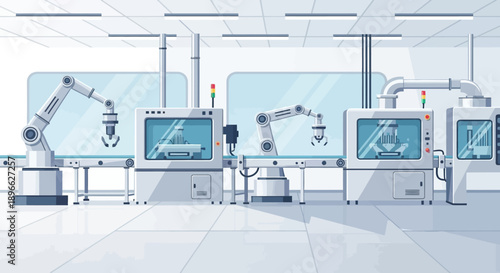 Modern automated production line with robotic arms efficiently assembling components in a high-tech smart factory, showcasing advanced industrial manufacturing and intelligent automation processes