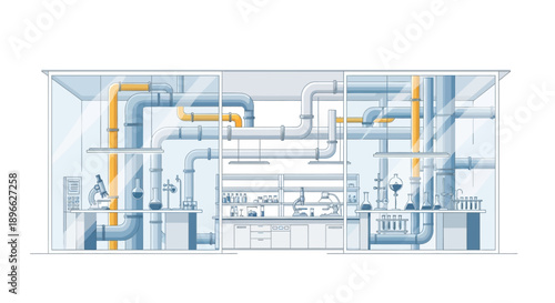 Modern Scientific Laboratory Interior Illustration showcasing Advanced Equipment, Intricate Pipe Systems, and Research Instruments for Breakthroughs in Chemistry, Biology, and Technology
