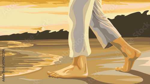 A person walks barefoot on the sand at sunset, warm reflections, relaxing atmosphere.