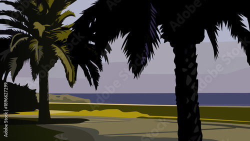 Coastal landscape with palm trees swaying in the wind, intense summer light, light atmosphere.