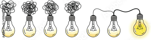 A series of light bulbs with one illuminated, symbolizing innovation and ideas