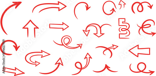 Collection of red arrows pointing in various directions, illustrating different movements and directions, graphic elements, digital illustrations