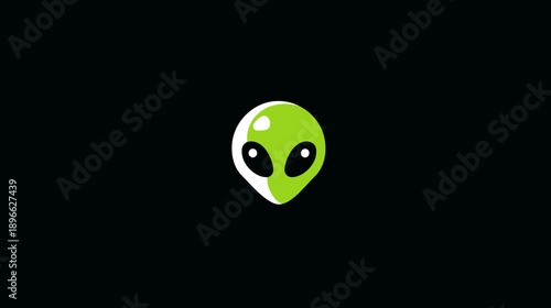 A stylized alien head with big black eyes and a bright green face on a stark black background