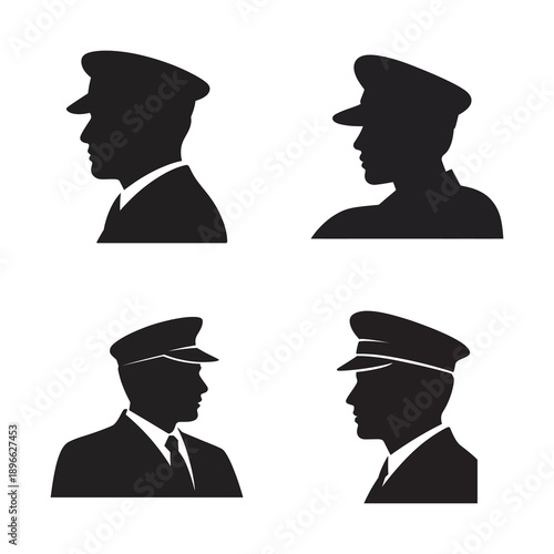 Collection of four black silhouettes depicting men in uniform with peaked caps