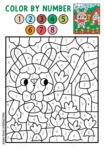 Vector Easter color by number activity with Bunny holding carrot in the garden. Spring black and white counting, colouring game. Coloring page for kids. Line printable worksheet with holiday symbol