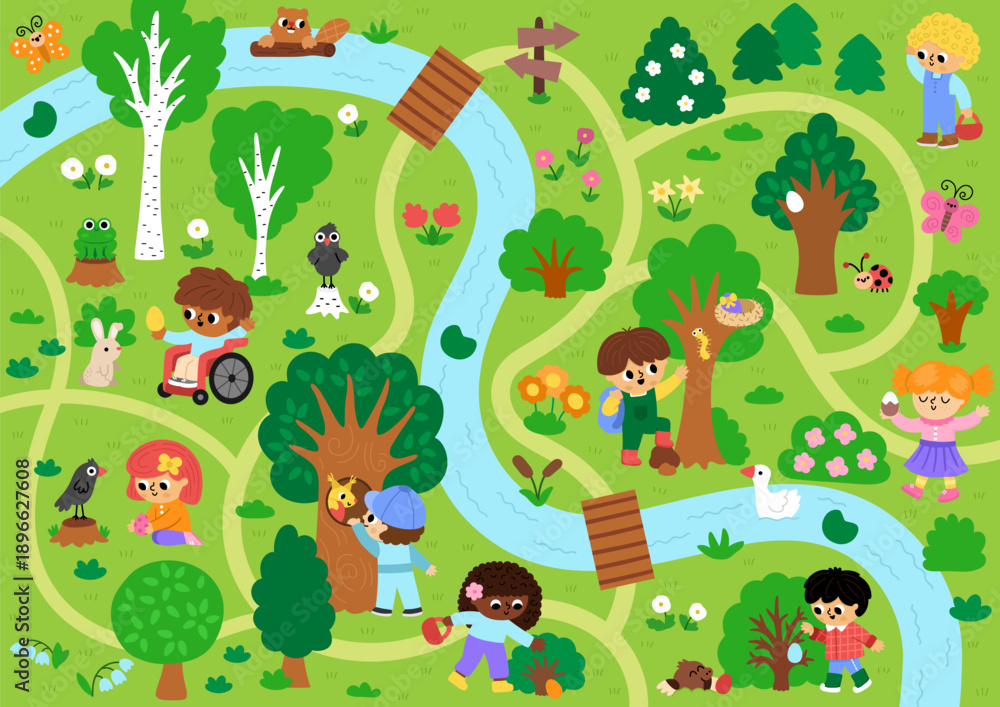 Fototapeta premium Vector Easter egg hunt background. Cute landscape map with kids, trees, bushes, insects, colored eggs, basket, nature element. Woodland scene with path, road children looking for eggs in forest