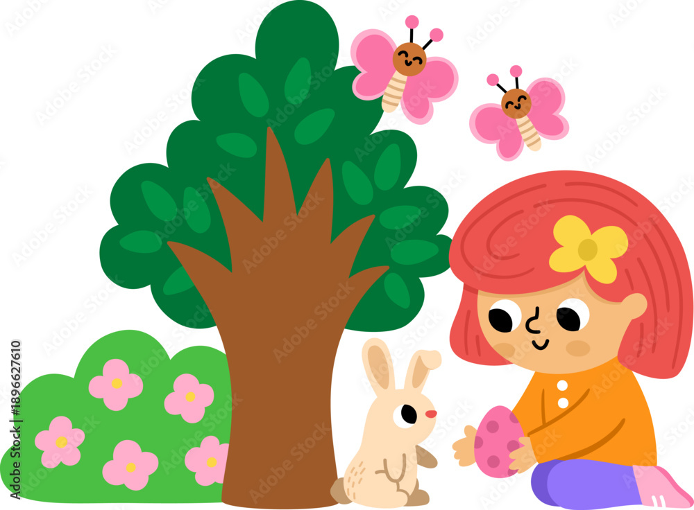 Obraz premium Spring holiday illustration with girl giving chocolate egg to bunny, tree, bush with flowers, butterflies. Vector Easter egg hunt concept. Cute kid icon. Children clipart isolated on white background