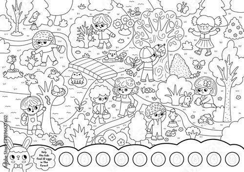 Vector black and white searching game with Easter egg hunt landscape. Spot ten hidden eggs in forest. Woodland line seek and find printable activity for kids. Spring holiday worksheet, coloring page
