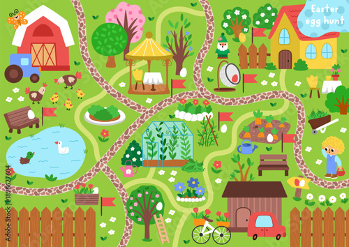 Vector Easter egg hunt background. Cute landscape map with garden, house, barn, trees, garage, hidden colored eggs, greenhouse, fence. Rural farm scene with path, road kid looking for eggs