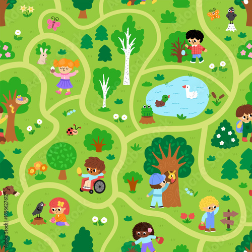 Vector Easter egg hunt repeat background. Cute seamless pattern with landscape map with kids, trees, bushes, basket, nature element. Woodland scene with path, children looking for eggs in forest