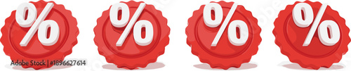Percent Sign Symbols Arranged in a Row on a Neutral Background from a Straight-On Viewpoint Showing Five Red Badges