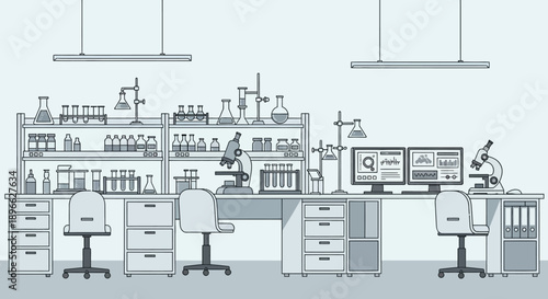 Modern science laboratory interior workspace designed for diverse research and experimentation, featuring essential analytical equipment, microscopes, and computer workstations