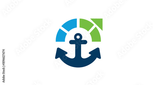 A nautical-themed logo features a dark blue anchor below a fragmented semi-circle in blue and green