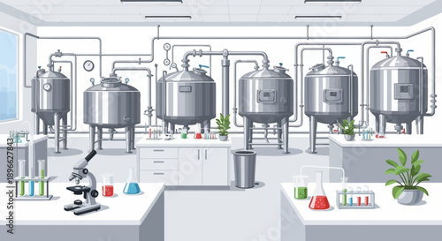 Contemporary laboratory facility showcasing large industrial fermentation tanks alongside detailed scientific equipment for research and development processes