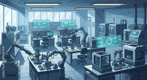 A futuristic automated manufacturing facility with robotic arms and advanced machinery, showcasing smart production and industrial technology