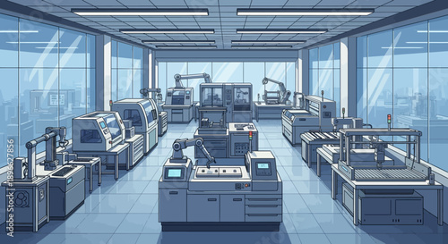 Automated Production Facility Illustration Featuring Robotic Arms and Precision Machinery in a Modern Smart Manufacturing Environment