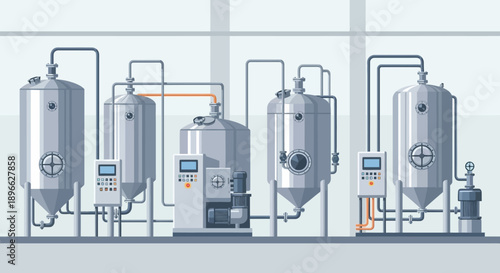 Modern Industrial Beverage Production Facility Showcasing Advanced Processing Equipment, Stainless Steel Tanks, and Automated Control Systems for Efficient Manufacturing Operations