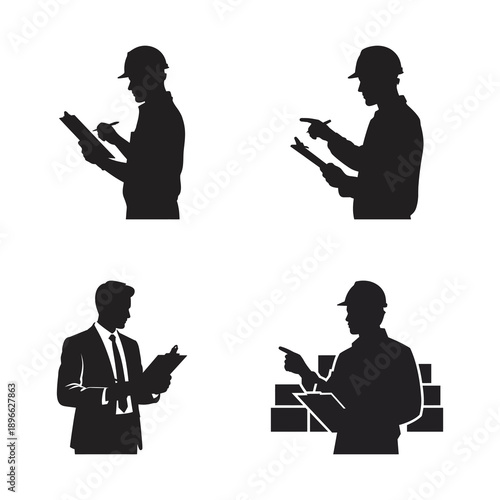Four different silhouettes of construction engineers or architects at work.